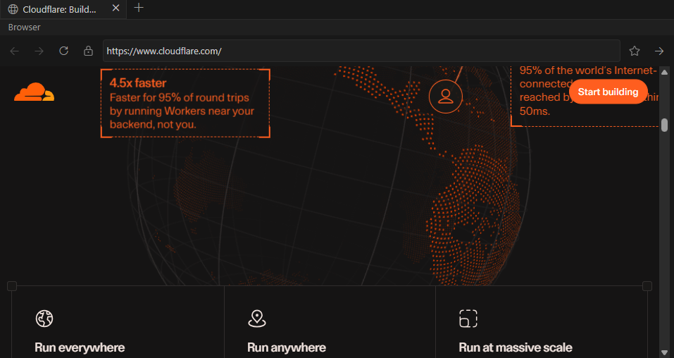 Browser pane showing Cloudflare Region: Earth on the homepage, with the globe, omnibox, HTTPS lock, Back, Forward, Reload, and Go controls.