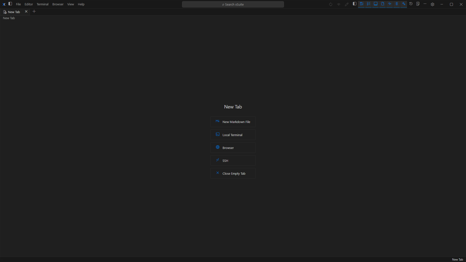 New Tab chooser with Markdown, Local Terminal, Browser, and SSH options.