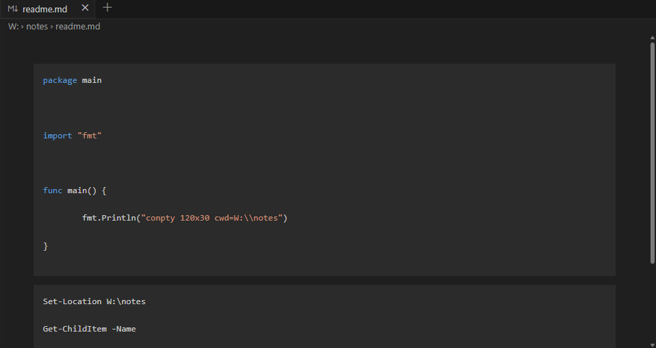 Preview mode of the same Markdown document, rendering highlighted fenced Go and PowerShell with the Explorer sidebar closed.