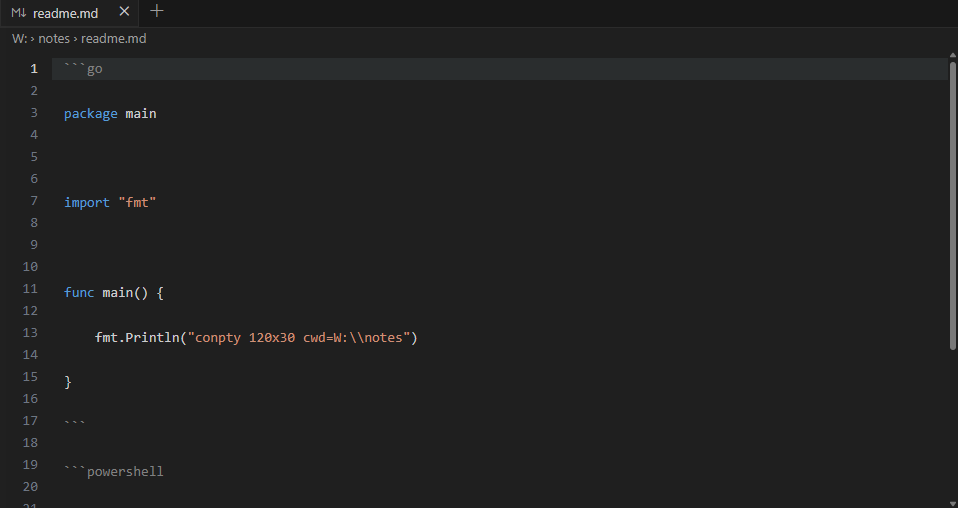 Markdown editor showing highlighted fenced Go, then a PowerShell fence, with the Explorer sidebar closed.