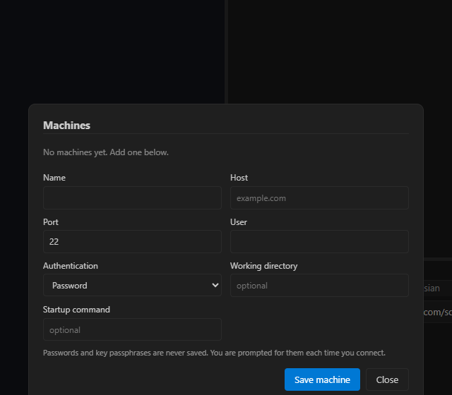 Machines dialog empty state for adding an SSH host without saving secrets.
