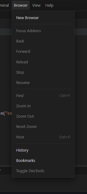 Browser menu with New Browser, omnibox focus, navigation, and Toggle DevTools.