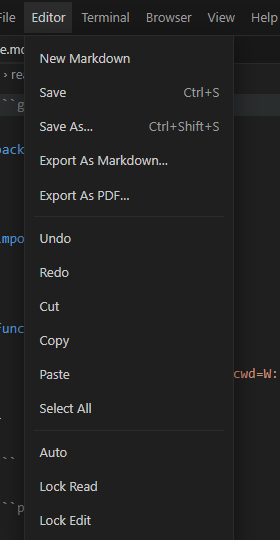 Editor menu with Markdown, save, export, and read/edit modes.