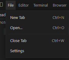 File menu with New Tab, Open, Close Tab, and Settings.