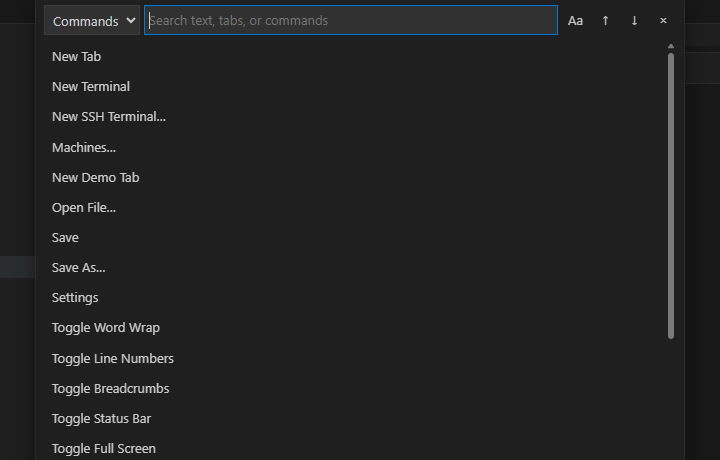 Command search scoped to Commands, listing Save, Settings, and related actions.