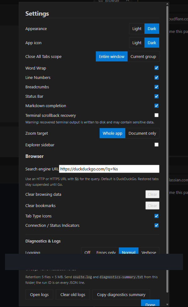Settings dialog including Diagnostics and Logs, with the local folder path cropped.