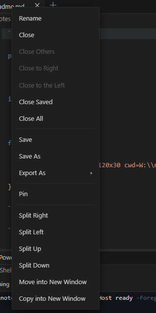 Tab context menu over a 2-by-2 mixed Windows workspace, with pin, split directions, and move or copy to a new window.