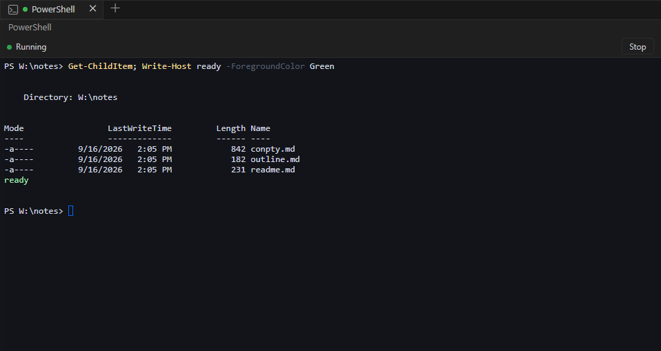 Running local PowerShell session with directory listing and colored output in a terminal pane.