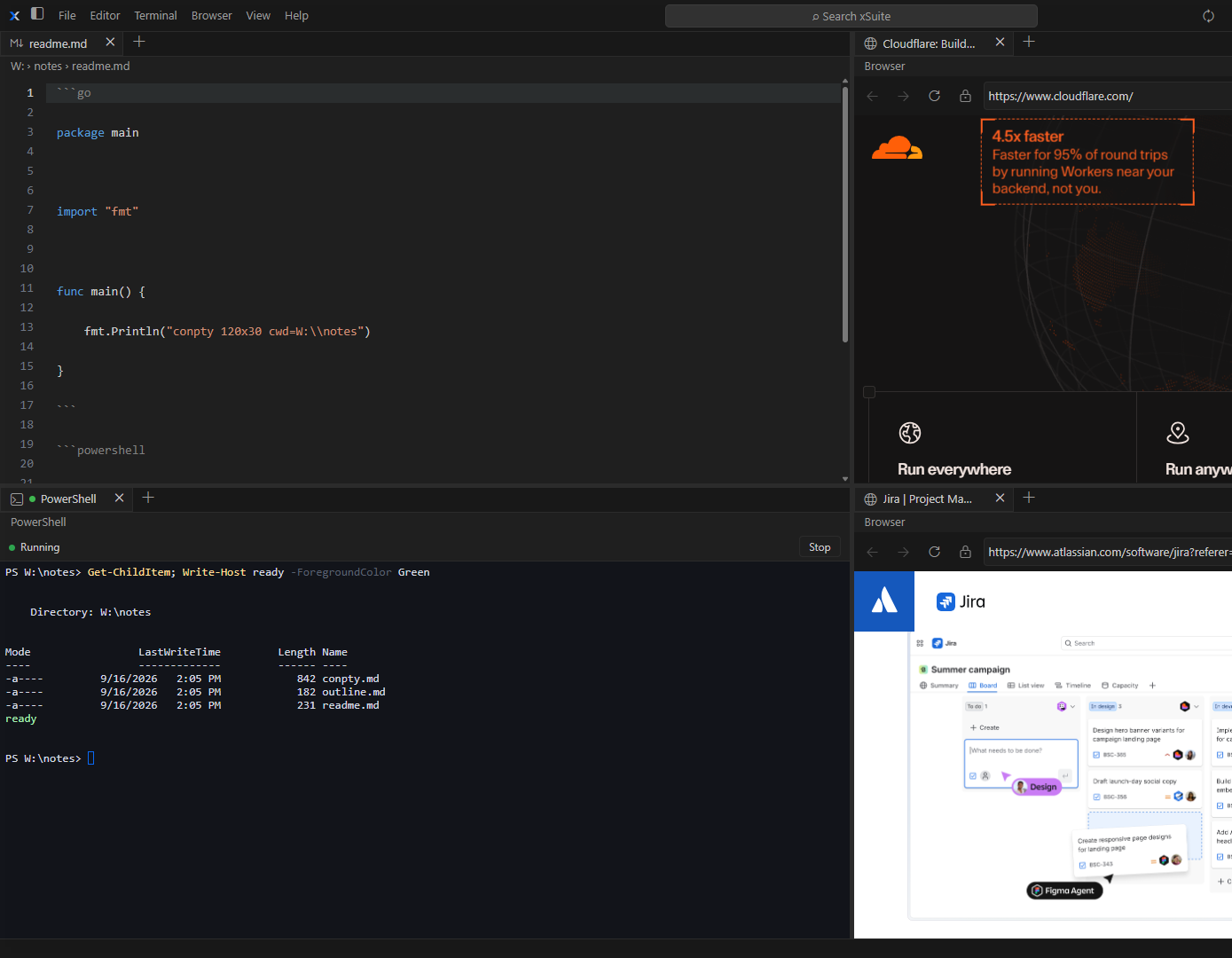 Tablet-scale crop of the same Windows window, showing the Markdown editor with highlighted fenced Go and PowerShell beside Cloudflare Region: Earth.
