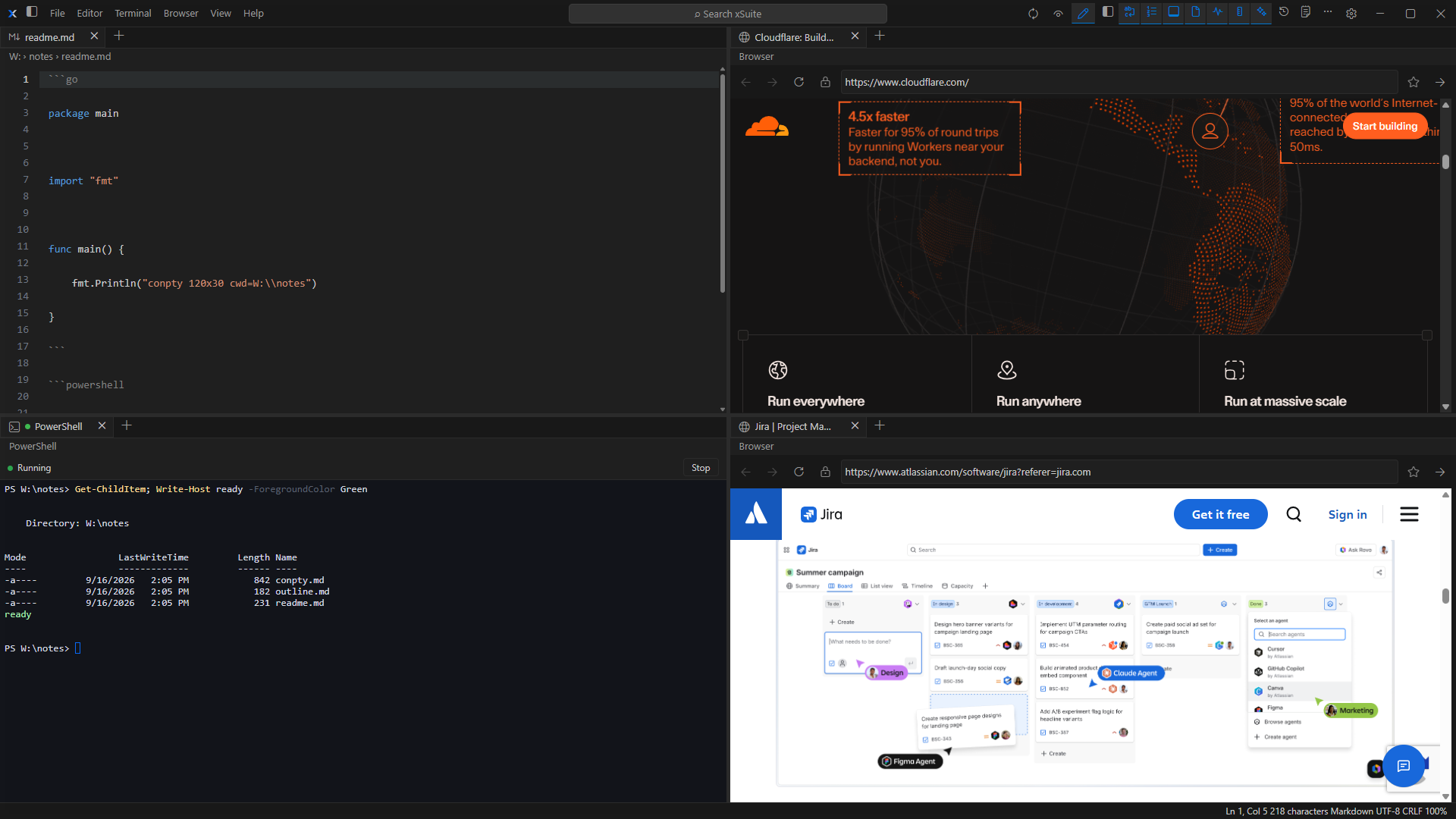 xSuite Windows workspace in a 2-by-2 mixed split of highlighted fenced Go and PowerShell, a running terminal, Cloudflare Region: Earth, and a Jira Summer campaign board, with the Explorer sidebar closed.